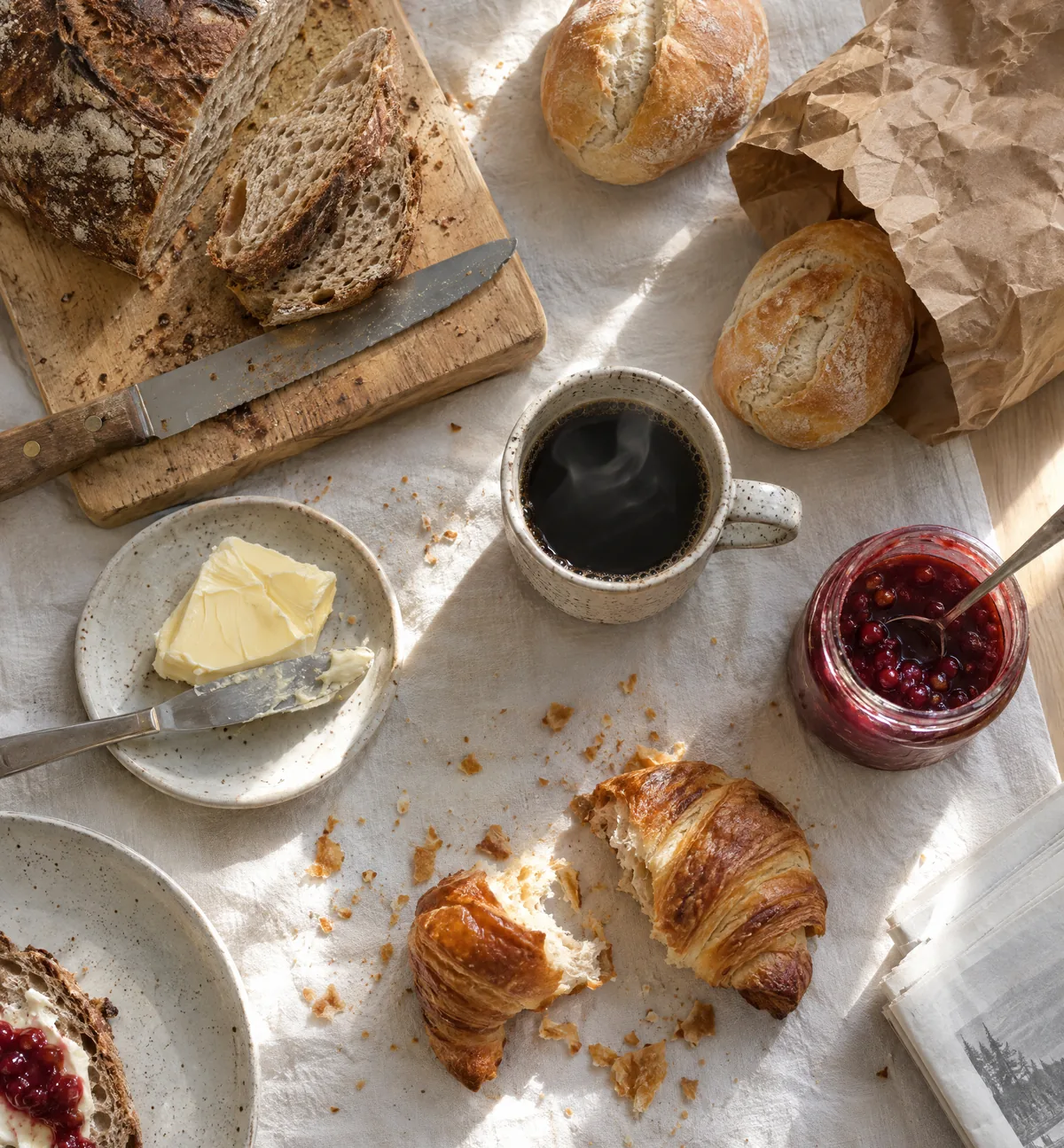 Frukostbord i morgonsol med nybakade frallor i en papperspåse, surdegsbröd på skärbräda, kaffe och en croissant