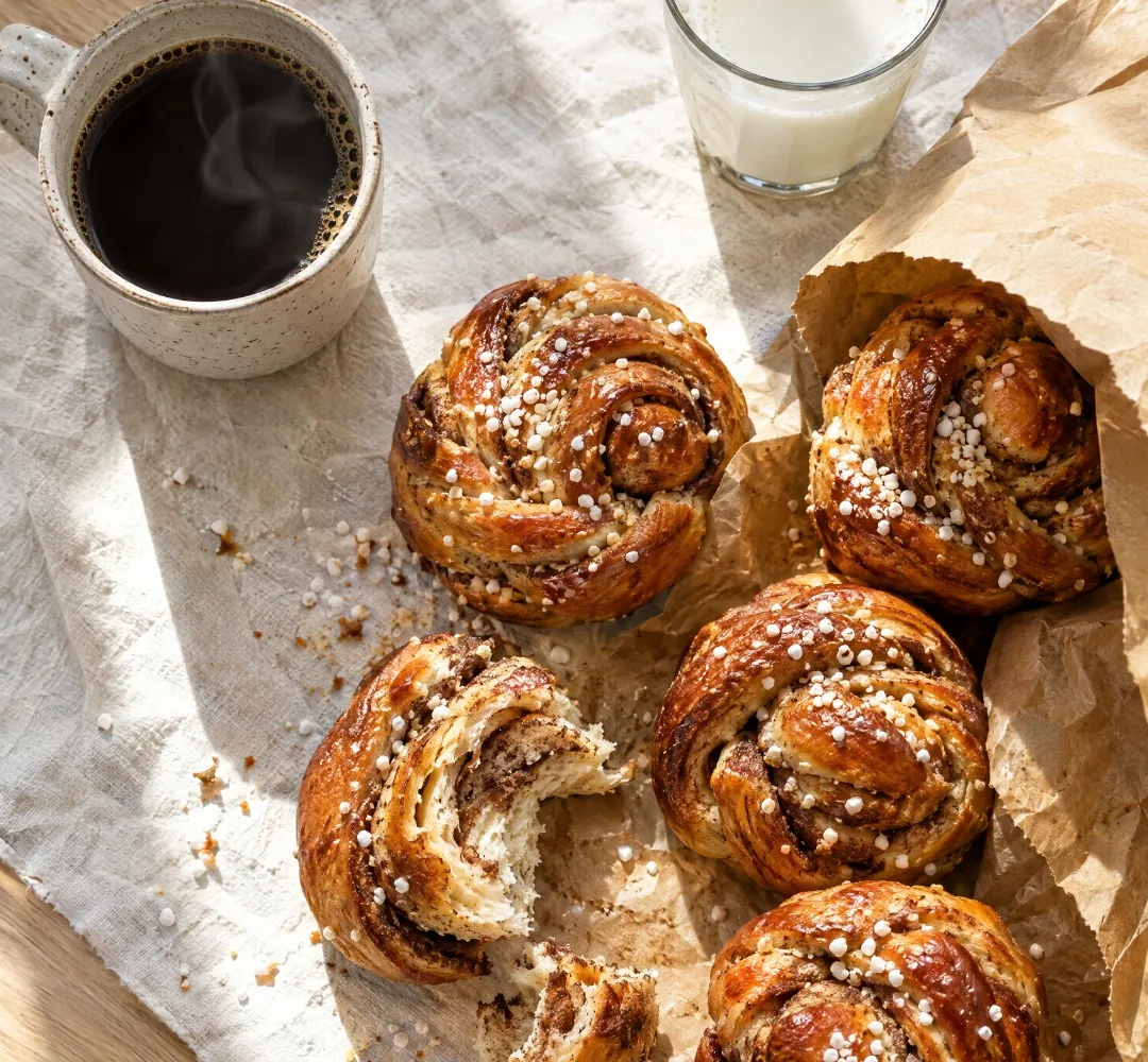 Nybakade kanelbullar och en kopp kaffe på ett bord